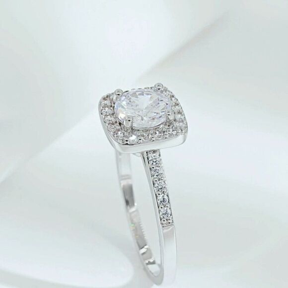 Silver Rhodium and White Diamond Cubic Zirconia Square Halo Ring - Picture 12 of 13